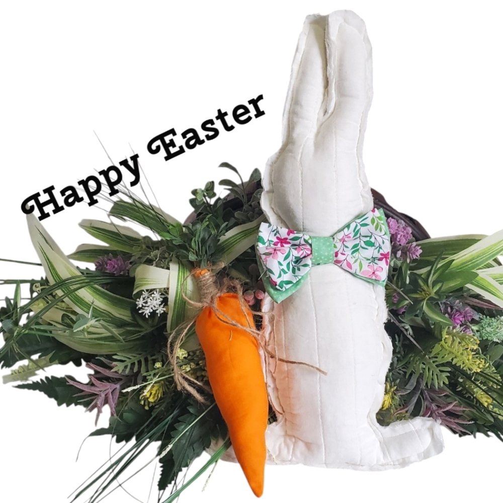White Farmhouse Bunny with Floral Bow & Carrot For Easter Homemade Crafted